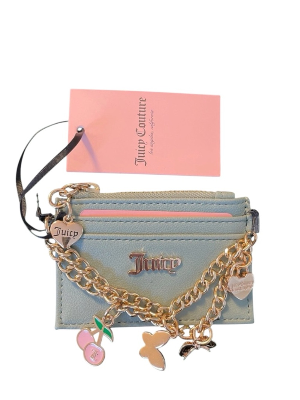 Juicy Couture Light Green/ Teal Card Holder w/ Gold Chain & Charms. NWT With box